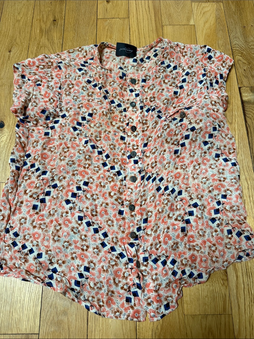 Rachel Comey Coral Floral Button-Down Top with Navy Accents